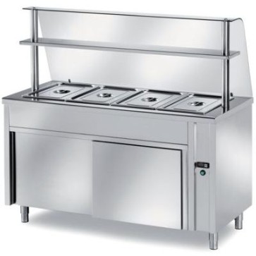 Tavolo caldo self-service vano inferiore armadiato neutro con 1 anta battente - vasca raggiata h 200 - bagnomaria bacinelle gn escluse mm 900x700x1400 h + vetro curvo temperato