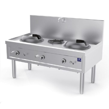 Piano di cottura wok a gas con 2 fuochi da 27,5 kW + 1 bruciatore zuppe 9,2 kW, 1 rubinetto acqua