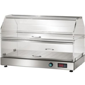 Vetrine riscaldate ad un ripiano. base in acciaio inox 18/10 aisi 304 e struttura in plexiglass trasparente, un ripiano intermedio. termostato 30°-90° vetrina riscaldata 260 w mm 750x350x530 h