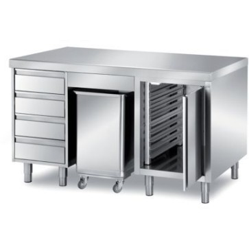 Tavolo pasticceria composizione n°1, piano h=60mm raggiato su un fronte, n°1 cassettiera a 4 cassetti + tramoggia cpd/1 + elemento portateglie con battente mm 1600x800x850 h