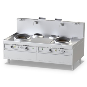 Cucina cinese bruciatore soffiato a gas con sistema di lavaggio 2 fuochi da 58 Kw e 2 zuppiere da 13