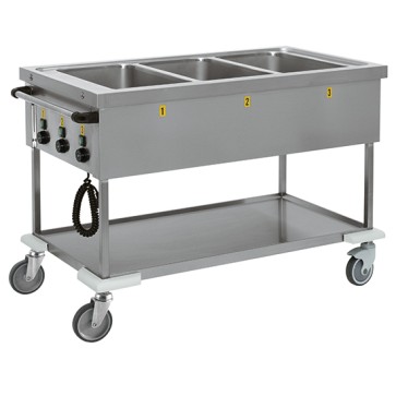 Carrello bagnomaria con ripiano inferiore, 3 vasche GN 1/1 h=200 mm, 3 temperature
