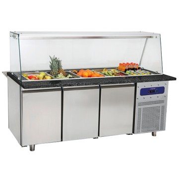 banco di preparazione refrigerato a 3 porte con struttura in vetro, 5x GN 1/1 h=150 mm