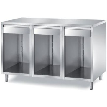 Tavolo per macchina da caffè composto da: n.3 vani a giorno + n.3 cassetti (1 con battifiltro) mm 1500x700x1100 h