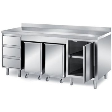 Tavolo armadiato con 1 anta a battente, 2 tramogge carrellate porta ingredienti e 1 cassettiera a 3 cassetti h=150mm, dim. mm 2000x800x850 h