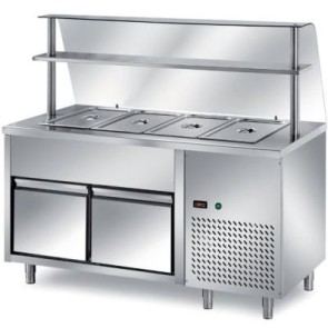 Tavolo freddo self-servie con vasca raggiata mm.30h, gn escluse, 2 ante refrigerate + vano motore - 1 controllo (temperatura vasca / temperatura vano). dim. mm. 1500x700x1400h. + vetro curvo temperato