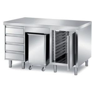 Tavolo pasticceria composizione n°1, piano h=60mm raggiato su un fronte, n°1 cassettiera a 4 cassetti + tramoggia cpd/1 + elemento portateglie con battente mm 1600x800x850 h