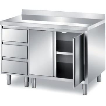 Tavolo armadiato con 2 ante a battente e cassettiera a 3 cassetti h=150mm, dim. mm 1500x800x850 h