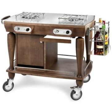 Carrello flambè in legno massello, piano superiore inox, dim. cm 130x65x110h