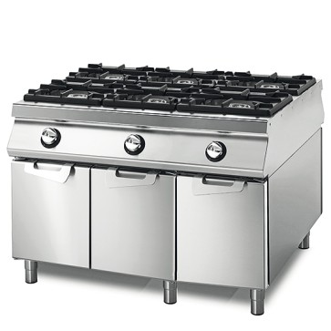 Cucina gas da 6 fuochi su vano con porte, bacinelle in acciaio inox, comandi 2 lati