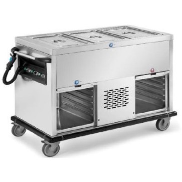 Carrello refrigerato con vasca unica refrigerata (gn escluse), n.2 vani refrigerati armadiati con ante basculanti a scomparsa, capacità 50/60 pasti, 800w, dim. mm.1200x700x900h