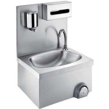 Lavamani a parete con comando a ginocchio, portasapone e portasalviette inox, mm 500x400x520 h