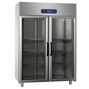 Armadio congelatore ventilato 1200lt interno esterno inox,porte in vetro,negativo temp. -18°c/-22°c