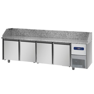 Tavolo pizza refrigerato 4 porte cap, 600x400mm., piano in granito con alzatina