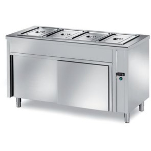 Tavolo caldo self-service vano inferiore armadiato neutro con scorrevoli - vasca raggiata h 200 bagnomaria - bacinelle gn escluse mm 1200x700x890 h