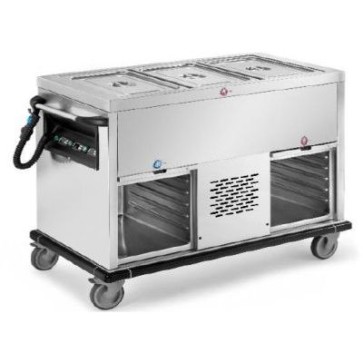 Carrello termico bagnomaria con vasca unica (gn escluse), n.1 vano riscaldato + n.1 vano refrigerato armadiati con ante basculanti a scomparsa, capacità 50/60 pasti, 2400w, dim. mm.1200x700x900h