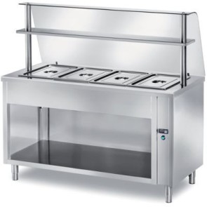 Tavolo caldo self-service vano inferiore a giorno - vasca raggiata h 200 - bagnomaria bacinelle gn escluse mm 1500x700x1400 h + vetro curvo temperato