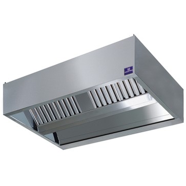 Cappa centrale cubica con illuminazione a incasso, 3000x1800 mm e filtri a labirinto per cucine industriale