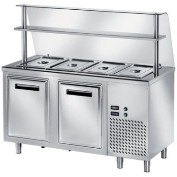 Tavolo freddo self service, vasca raggiata h 200 gn escluse, 2 ante refrigerate + vetro, top angolo 90° h 43 mm