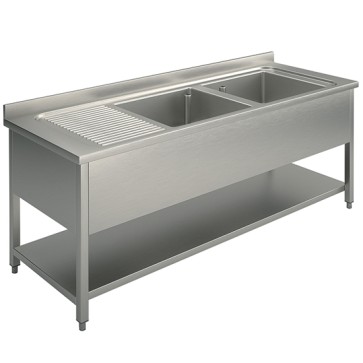 Lavatoio su gambe con ripiano inferiore 2 vasche destra, 2000x600 mm.
