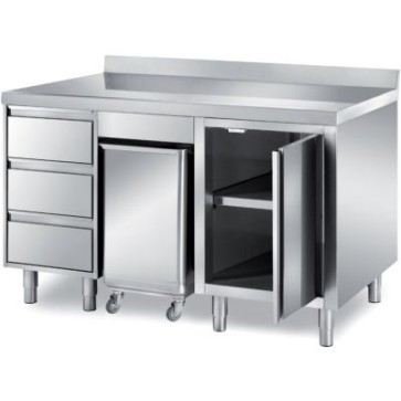 Tavolo armadiato con 1 anta a battente, tramoggia carrellata porta ingredienti e cassettiera a 3 cassetti, dim. mm 1500x700x850 h