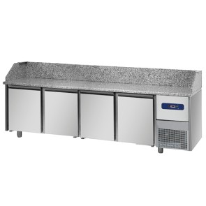 Tavolo pizza refrigerato 4 porte cap, 600x400mm., piano in granito con alzatina