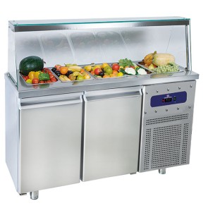 Saladette a 2 porte GN 1/1 con struttura in vetro, 4x GN 1/1 h=150 mm, -2°/+8°C
