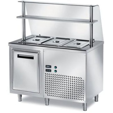 Tavolo freddo self service, vasca raggiata h 200 gn escluse, 1 anta refrigerata + vetro, top angolo 90° h 43 mm