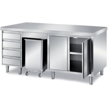 Tavolo pasticceria centrale composizione n°1, piano h=60mm raggiato su 2 fronti n°1 cassettiera a 4 cassetti + tramoggia cpd/1 + elemento con battenti passante mm 2000x900x850 h