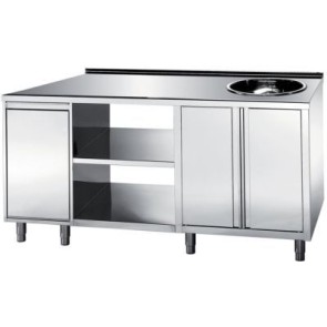 Tavolo caffetteria realizzato in acciaio inox lucido. composto da due battenti, vano a giorno, tramoggia basculante, alzatina posteriore h=30mm, vasca diam.420mm - mm 2600x700x850 h