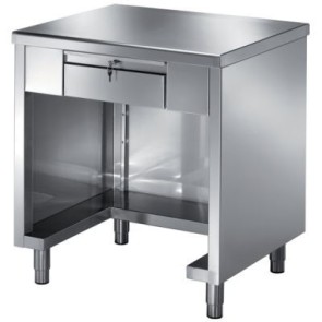 Tavolo cassa chiuso su 3 lati con 1 cassetto e chiusura a chiave, top angolo 90° h 43 mm