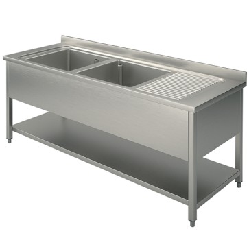 Lavatoio su gambe con ripiano inferiore 2 vasche sinistra, 2000x600 mm.