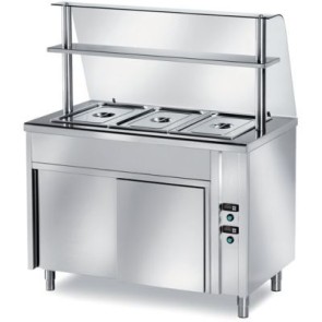 Tavolo caldo self-service vano inferiore ventilato, 4000 watt, tamburato, vasca raggiata h 200, capacità n 3 bacinelle gn 1/1 h 150 (bacinelle escluse) mm 1200x700x1400 h + vetro curvo temperato