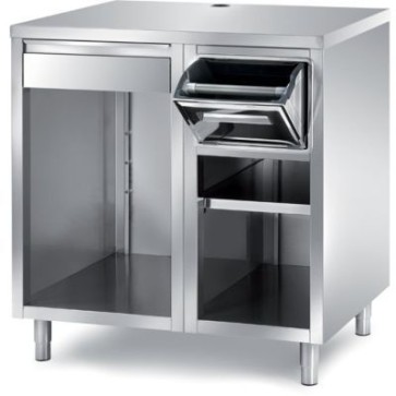 Tavolo per macchina da caffè composto da: vano a giorno con ripiano intermedio con tramoggia battifiltro basculante + vano a giorno con cassetto battifiltro mm 1000x700x1100 h