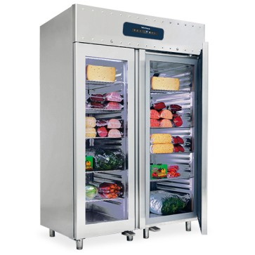 Frigorifero da 1400 litri in inox GN 2/1 con porte in vetro, -2°/+8°C, isolamento 75 mm