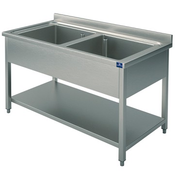 Lavatoio su gambe con ripiano intemedio 2 vasche per cucine industriale