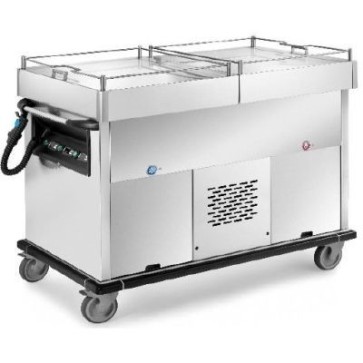 Carrello termico bagnomaria con vasca unica (gn escluse) con coperchi apribili a compasso a 180°, n.1 vano neutro + n.1 vano refrigerato armadiati, versione con vasche separate