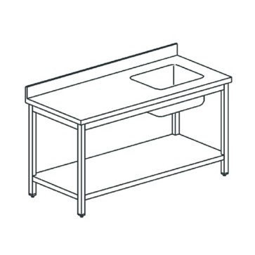 Tavolo da lavoro per cucine industriale con vasca a destra con alzatina, con ripiano intermedio mm.1900x600x850