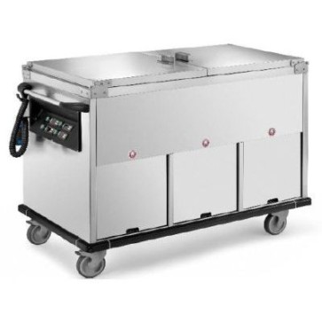 Carrello termico vasca unica struttura inox, cap. 3gn1/1 h 200 con 2 vani riscaldati e 1 neutro mm 1200x700x1000 h con coperchi a ribalta