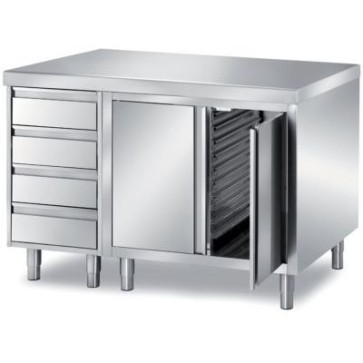 Tavolo pasticceria composizione n°2, piano h=60mm raggiato su un fronte, n°1 cassettiera a 4 cassetti + vano con porta battente + elemento portateglie con battente mm 1800x800x850 h