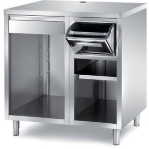 Tavolo per macchina da caffè composto da: vano a giorno con ripiano intermedio con tramoggia battifiltro basculante + vano a giorno con cassetto battifiltro mm 1000x700x1100 h