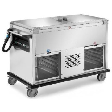 Carrello termico bagnomaria con vasca unica (gn escluse) con coperchi apribili a compasso a 180°, n.2 vani refrigerati armadiati, , versione con vasche separate