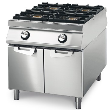 Cucina gas da 4 fuochi su vano con porte, bacinelle in acciaio inox, comandi 2 lati