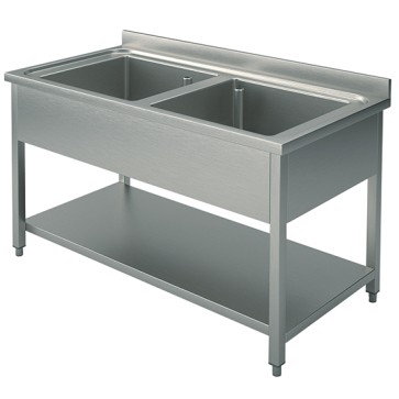 Lavatoio su gambe con ripiano inferiore 2 vasche, 1600x600 mm.