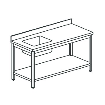 Tavolo da lavoro per cucine industriale con vasca a sinistra, con alzatina, con ripiano intermedio mm.1700x600x850