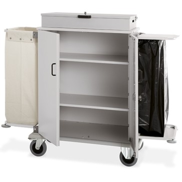 Carrello portabiancheria chiuso a 4 livelli con cassetta, 1 sacco in tela e 1 portasacco pattume