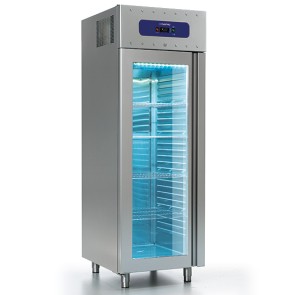 frigorifero da 700 litri in inox con porta in vetro, GN 2/1,-2°/-8°C, 85 mm isolamento