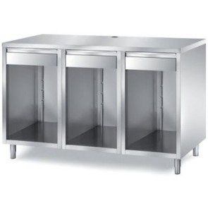 Tavolo per macchina da caffè composto da: n.3 vani a giorno + n.3 cassetti (1 con battifiltro) mm 1500x700x1100 h