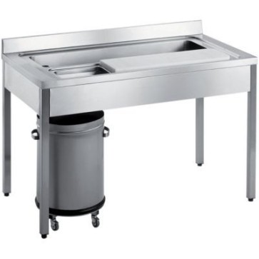 Tavolo lavaverdure con pattumiera carrellata, ripiano in teflon mm 1600x700x850 h