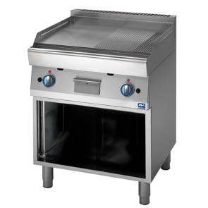 Fry top a gas su base aperta, piastra liscia 2/3 e rigata 1/3
